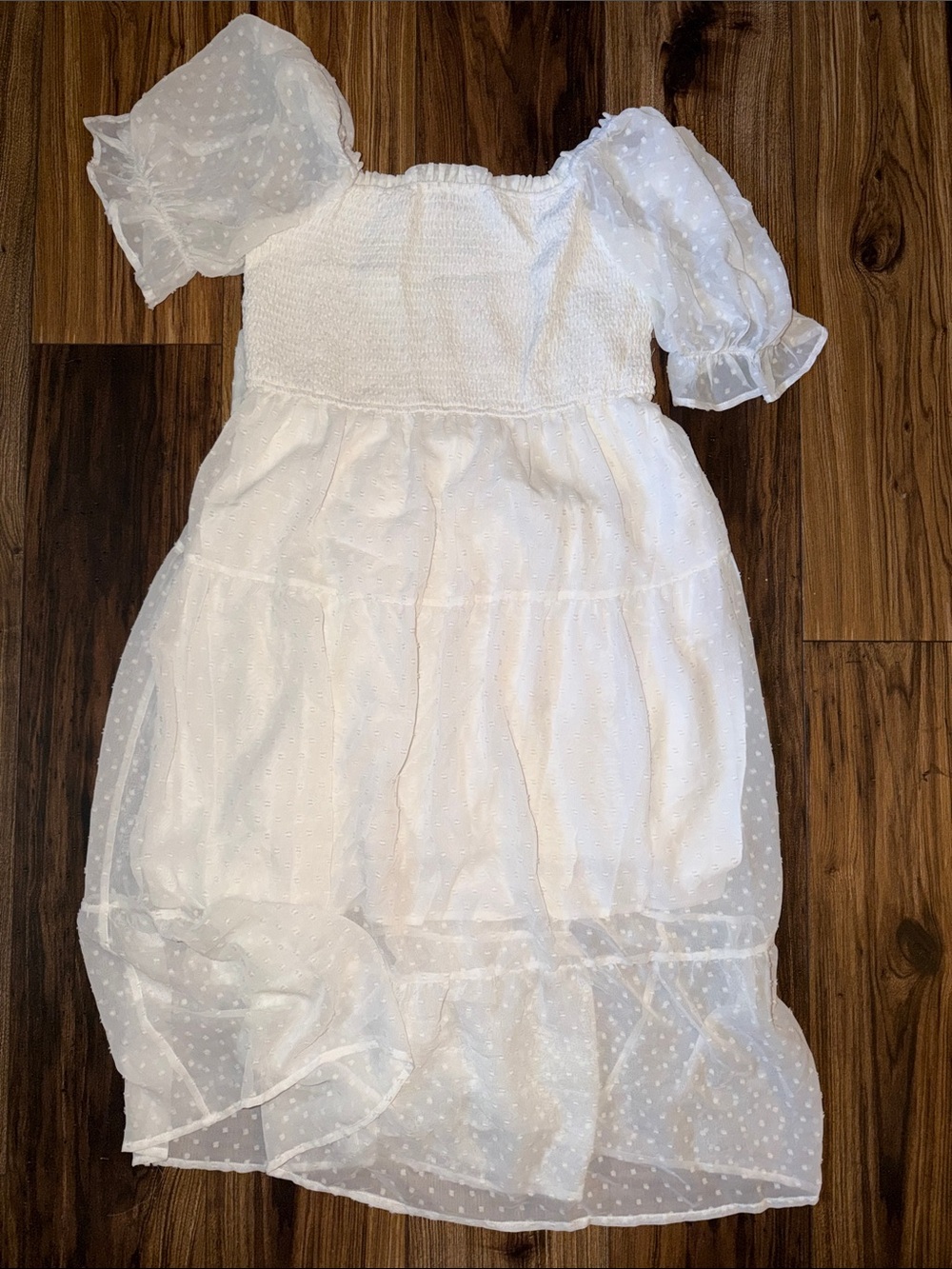 White Swiss Dot Puff Sleeve Smocked Midi Dress
